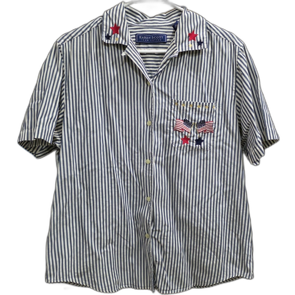 Karen Scott Striped Patriotic Embroidered Button Down Shirt Size Medium
